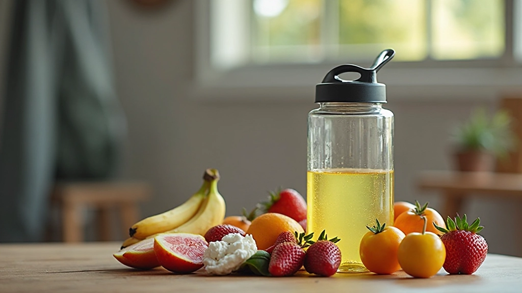 زجاجة ماء وأطعمة صحية موضوعة على طاولة بجانب تجهيزات رياضية